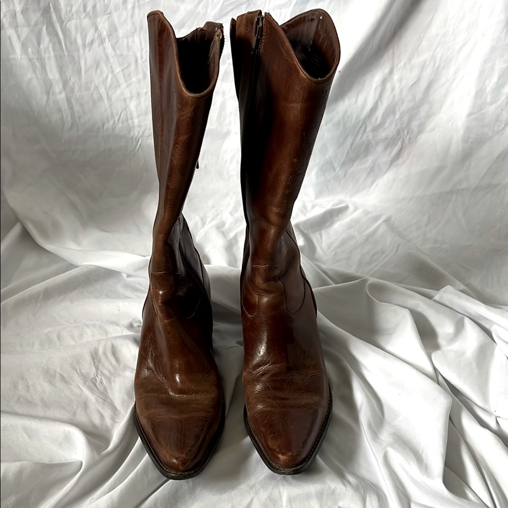 Brown Heeled Leather Boots with Western Style